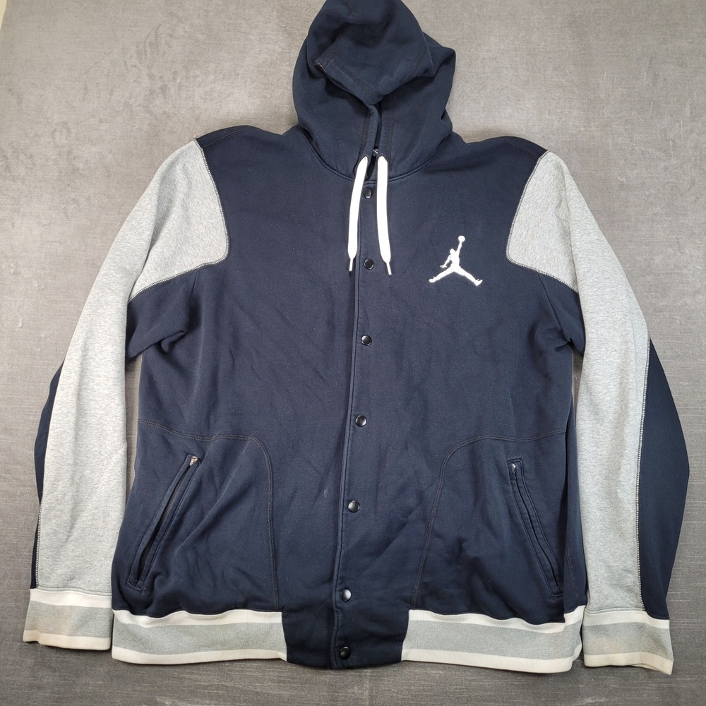 Jordan Y2K Snap Front Hoodie Mens 3XL Navy Blue Grey Varsity Jacket Jumpman